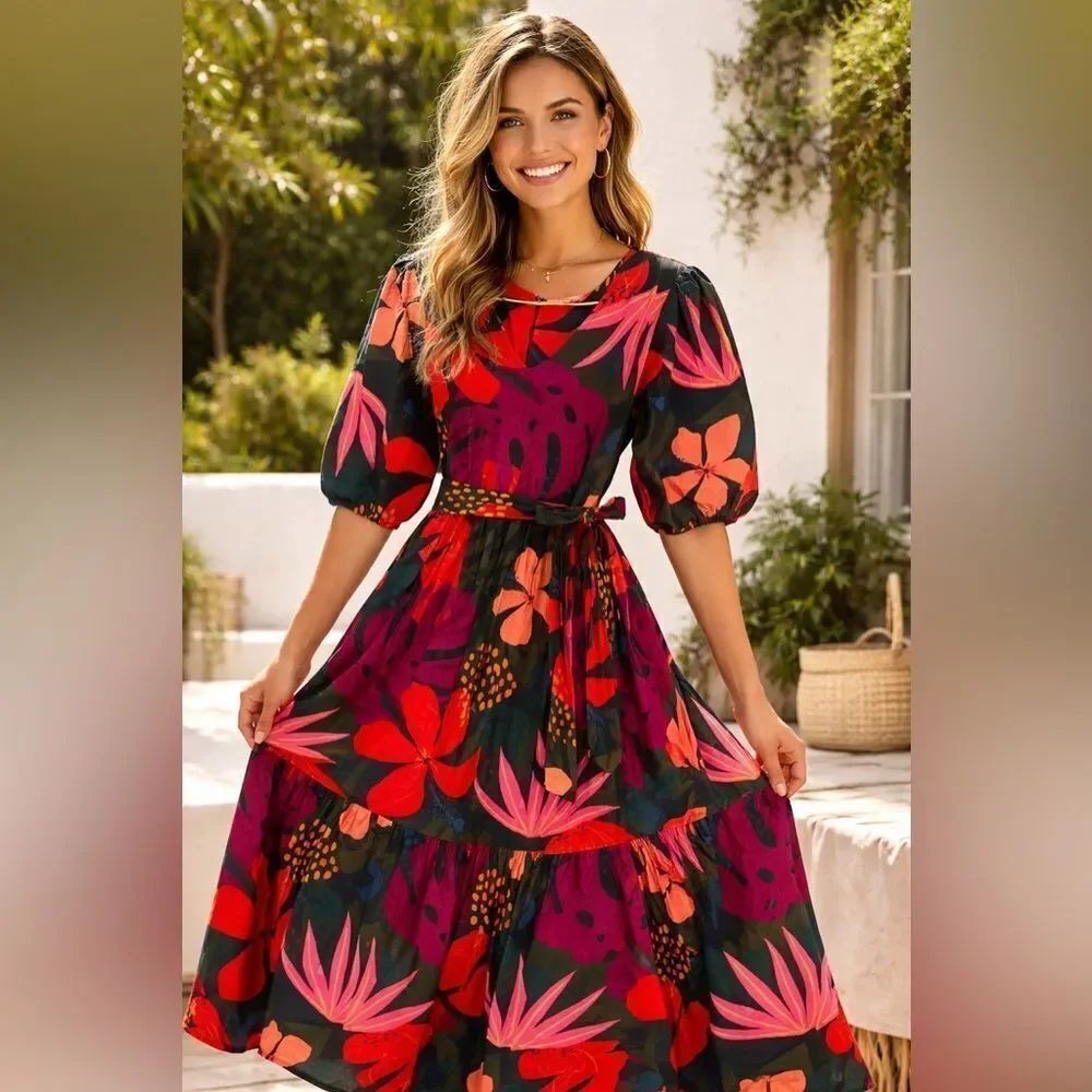 Vibrant Floral Maxi Dress with Puff Sleeves